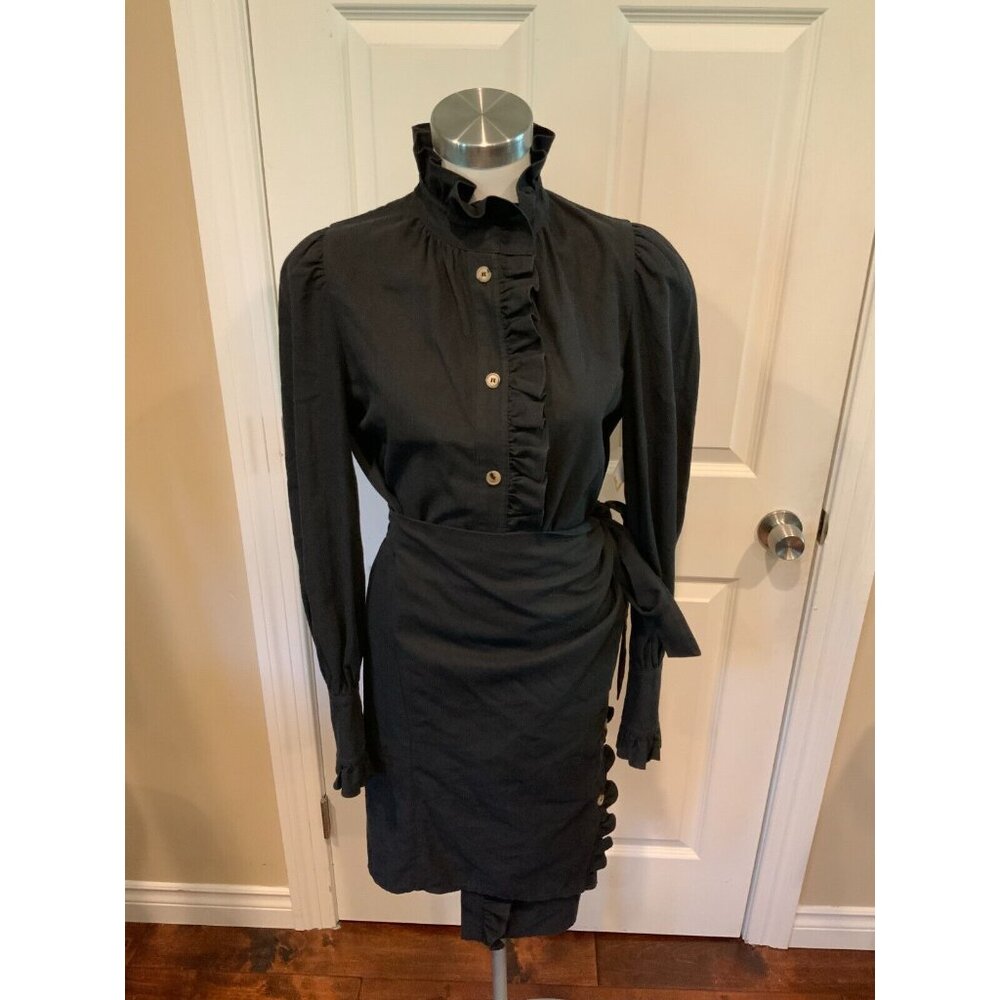 Goen.J Black Asymmetrical Button-Up Ruffle Shirt Dress W/ Tie, Size 6